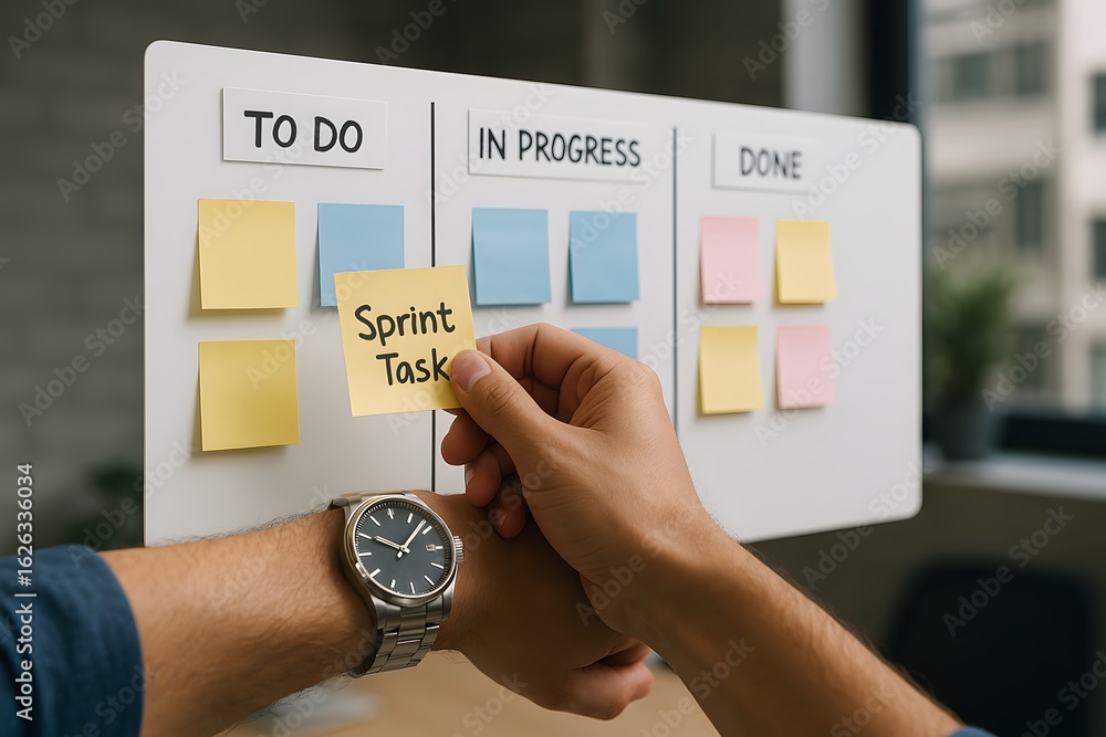 Poster a person is working on a sprint task management board.
