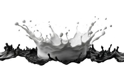 A grayscale splash of liquid, likely milk, erupting from a dark surface