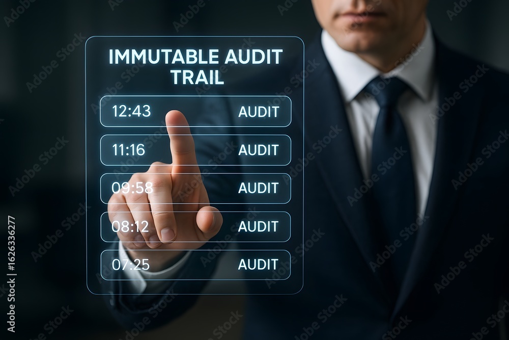 Poster a person is interacting with an immutable audit trail on a digital screen.