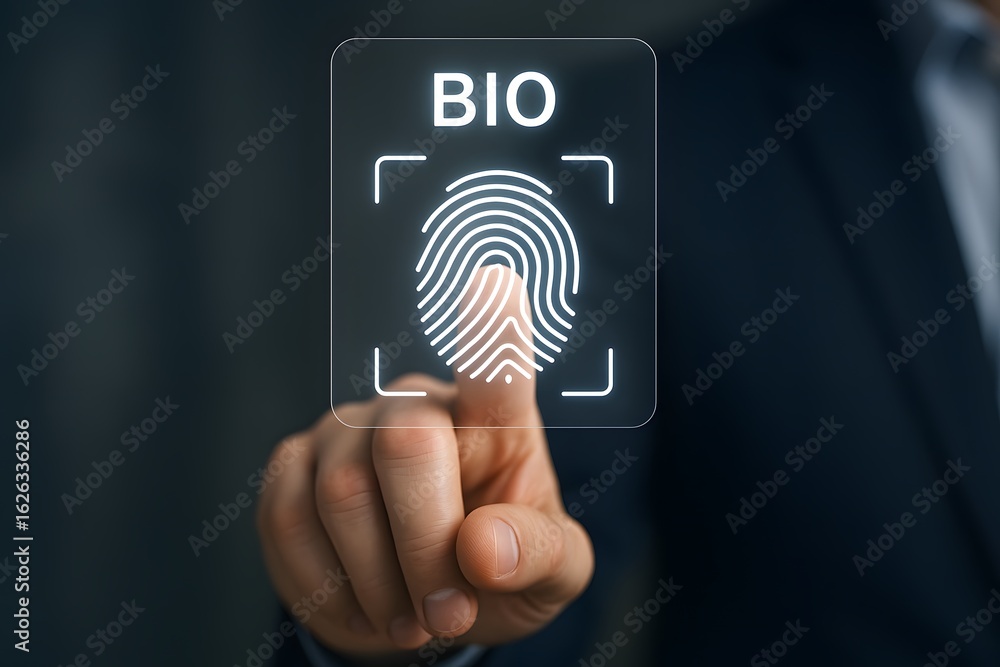 Poster a hand pressing on a digital fingerprint scanner for bio authentication.