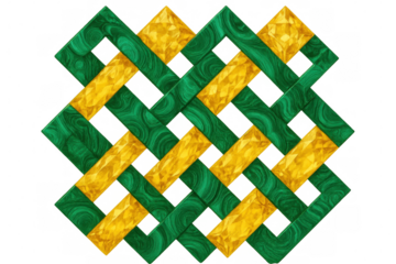 Green malachite and gold textured stripes interweaving creating an endless knot symbol, isolated on transparent background