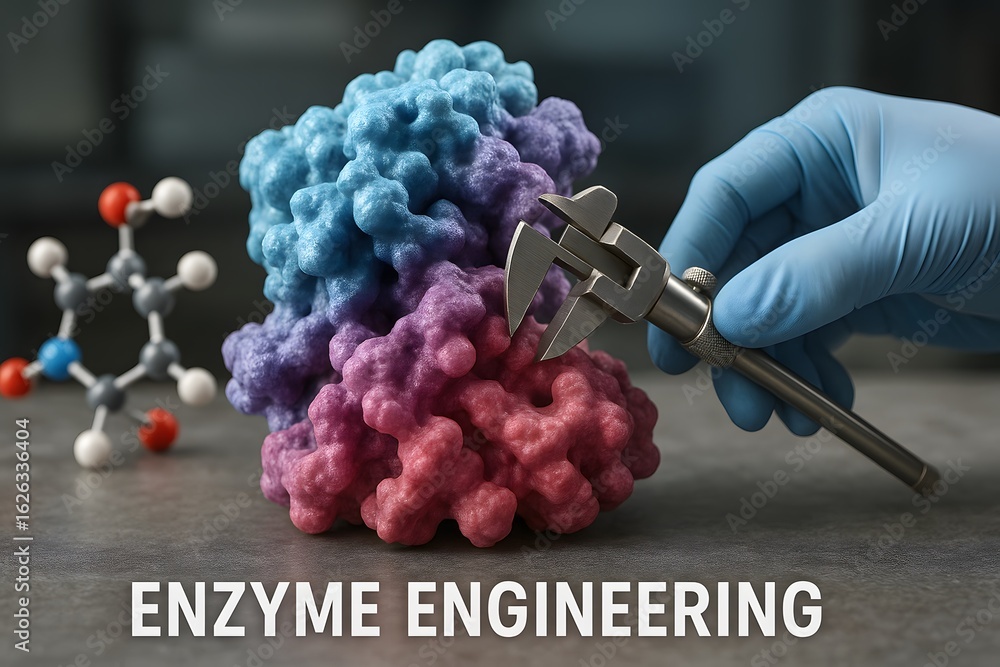 Poster a detailed display of an enzyme model and a molecular structure, showcasing the essence of enzyme en