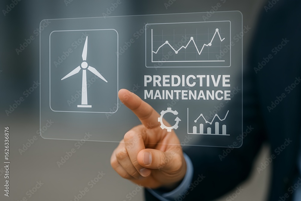 Poster A close-up shot of a person's hand interacting with a virtual interface displaying Predictive Maintenance and wind turbine graphic. 
