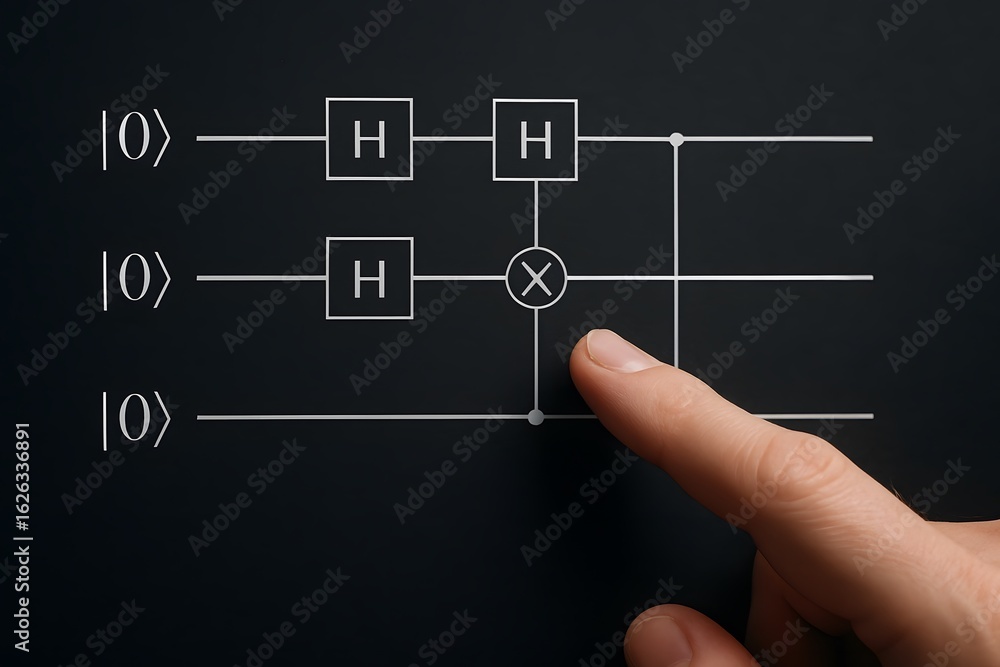 Poster a hand touching the quantum computing.