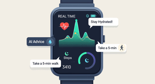 Digital Wellness Smartwatch Displaying Health Data And Al Advice