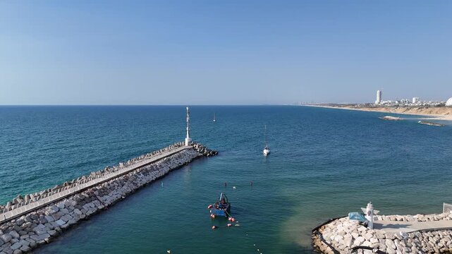Aerial drone footage of Ashkelon Marina, Israel