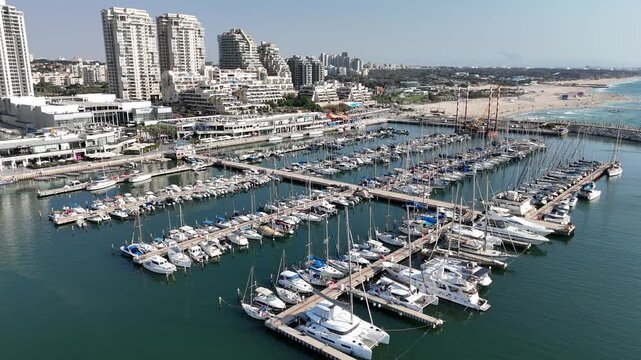 Aerial drone footage of Ashkelon Marina, Israel