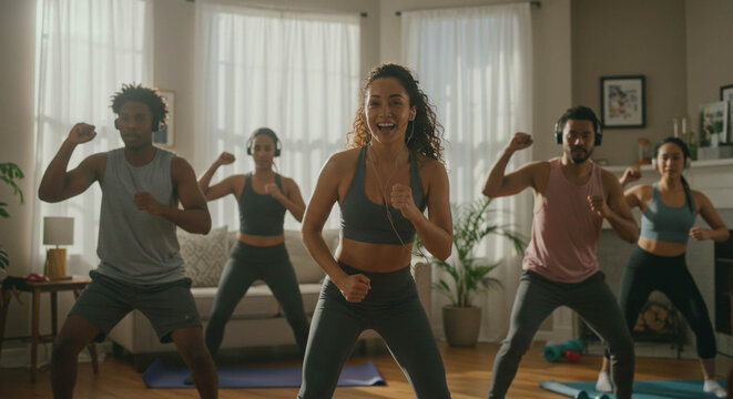 Group Fitness Class: Diverse People Exercising at Home with Headphones and Yoga Mats