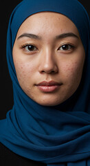 Naklejka premium Portrait of a Young Woman with Acne Wearing a Blue Hijab on Black Background