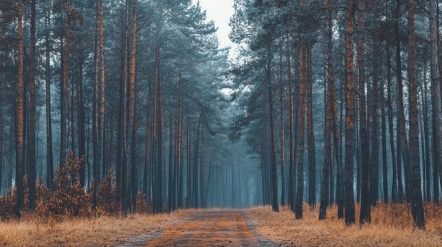 Misty forest path, tall pines