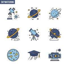 Skywatching themed vector graphic with planets, telescopes, graduation cap, and space station, Whimsical vector icons depicting astronomy, education, and space exploration
