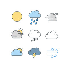 Weather Forecast Icons Set: Sun, Rain, Fog, Clouds, Snow, and Thunder,Weather Icons: A Collection of Symbols Representing Sunny, Rainy, Snowy, and Windy Conditions