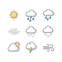 Fototapeta premium Weather Forecast Icons: Diverse Conditions Depicted in a Clean, Modern Style, Weather Condition Pictograms for Daily Updates and Reports of the Weather Forecast