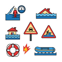 Icons Depicting Flood Hazards and Safety Measures, Flood Prevention, Protection, and Mitigation Strategies for Resilience