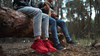 Family sitting on log outdoors. Resting after walk. Bonding time in nature. Close-up of legs and dog. Enjoying outdoor activities. Family outdoor adventure. Walking in forest. Nature recreation.
