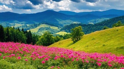 Pink flowers bloom on a hillside, surrounded by mountains and forests