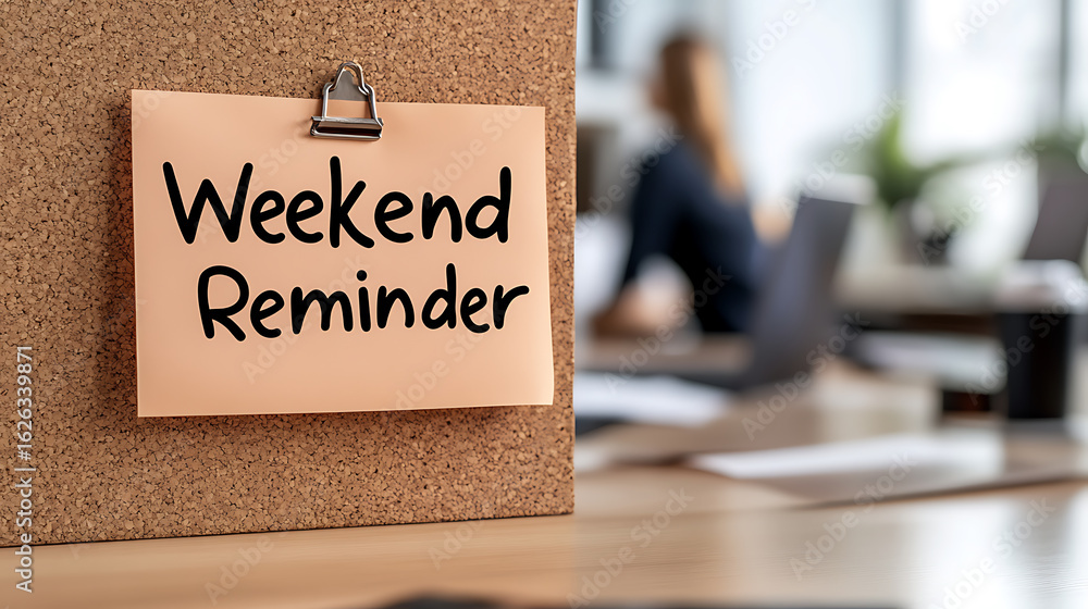 Poster weekend reminder on corkboard - a simple note reminding to enjoy the weekend in a workspace setting,