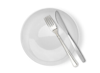 Dining Cutlery etiquette: finshed eat Fork and knife signals with location of cutlery set isolated