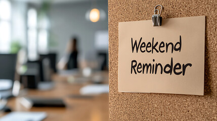 Weekend reminder posted in an office space.  A light beige note with the words weekend reminder is attached to a cork board.