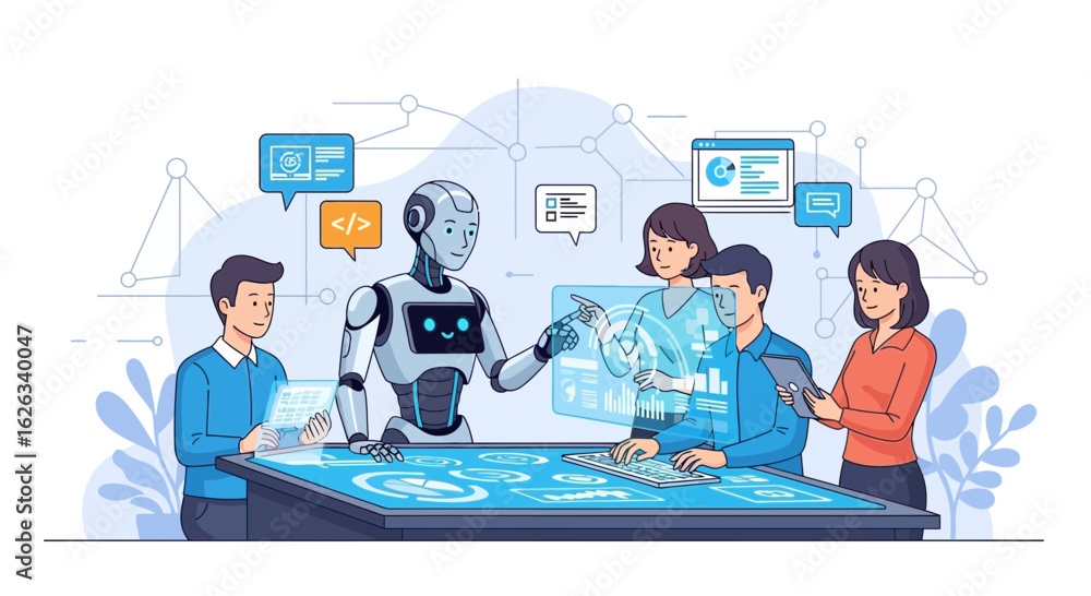 Poster teamwork with robot on digital data platform for business innovation