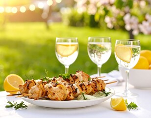 Grilled chicken skewers with refreshing lemon water under the summer sun ambiance