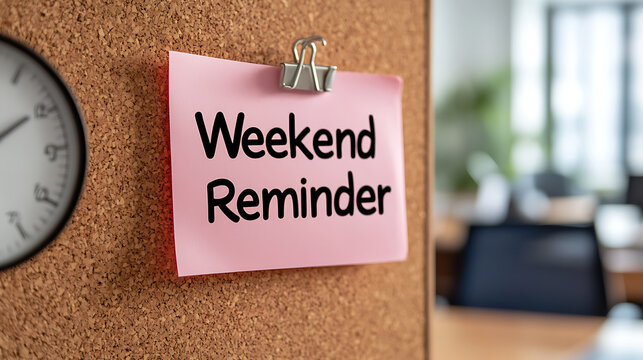 Weekend Reminder Note. Get ready for the weekend! A pinned note serves as a visual cue, set against the backdrop of an office space and clock. - Powered by Adobe