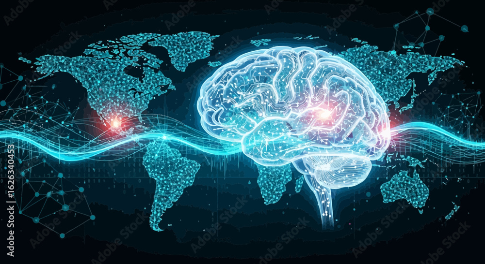 Poster global connectivity showing digital brain network across the world