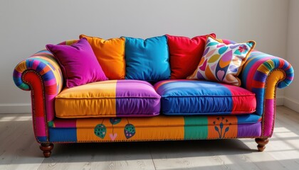 Vibrant multicolored couch offering a bold splash of color and comfort in a contemporary living space setting