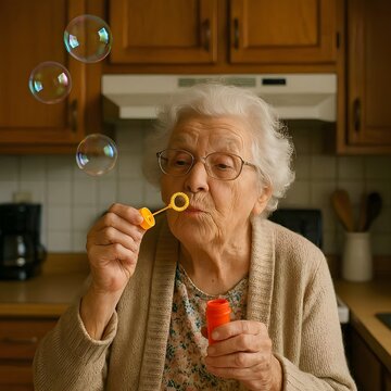 grandma playing with a bubble blower secretly in the kitchen