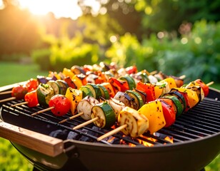 Grilled vegetable skewers glimmering under the summer sunlight in lush garden background