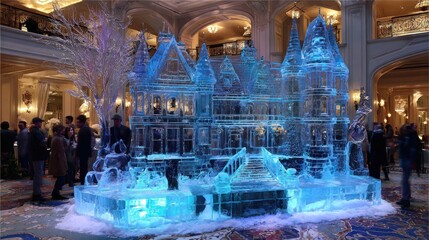 Massive ice castle, glowing blue, elegant hall