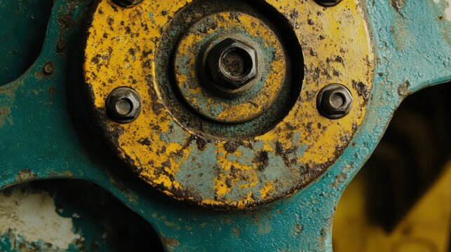 Close-Up of Rusty Gear with Yellow and Blue Textures and Details