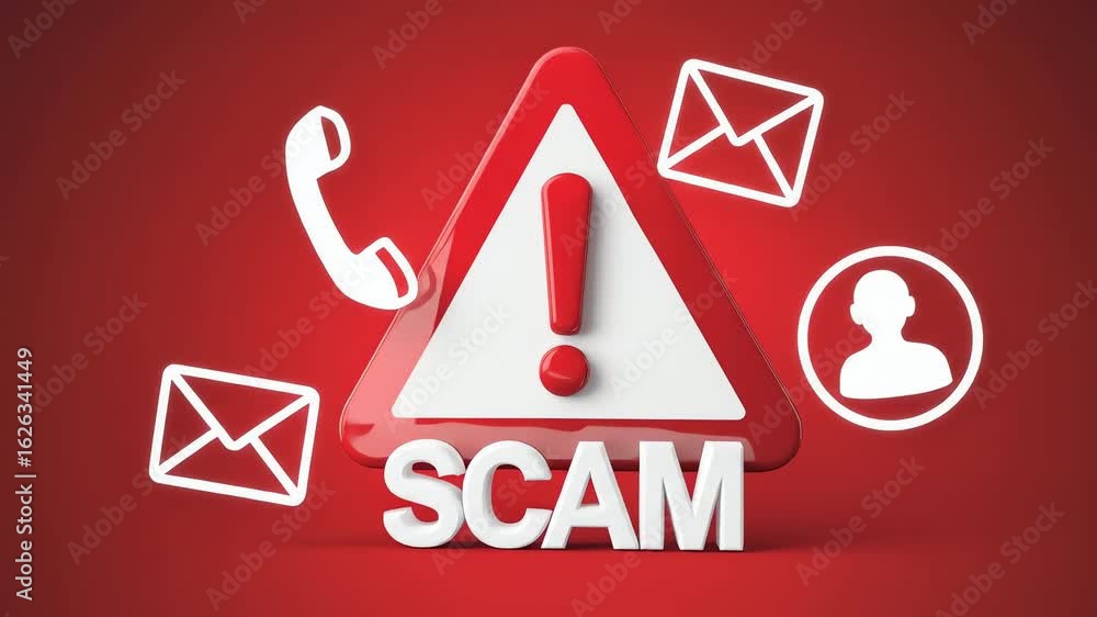 Aufkleber animated warning against scams using phone, email, and user profile icons, emphasizing fraud prevent