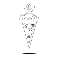 Black and white decorated Schultute with flowers and leaves, festive school cone, traditional German cartoon art