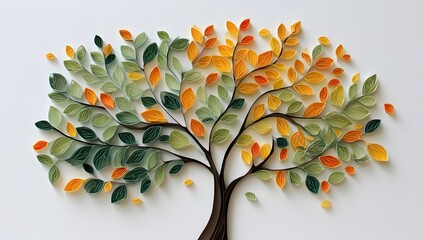 Colorful paper quilling tree with autumn leaves on white background