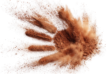 A handprint explosion of earthy brown dust against a transparent background