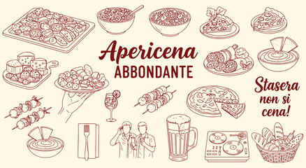Apericena Abbondante Vector Illustration Set. Hand Drawn Sketch of an Italian Aperitif-Dinner Buffet with Food, Drinks, and Friends for Restaurant, Menu, and Party Design. Italian Food.