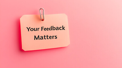 Feedback is Important: A pink sticky note with "Your Feedback Matters" emphasized, pinned to a pink background, highlighting the value of customer input.