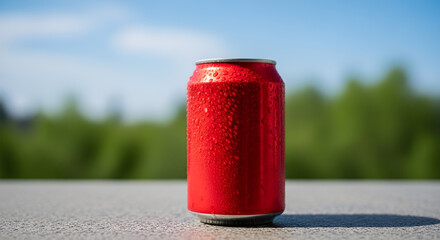 Red Soda Can with Condensation on Outdoor Surface, Refreshing Beverage Concept-red soda can, beverage can, cold drink, soda can, soft drink, 