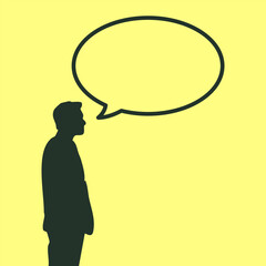 Person standing in silhouette against a yellow background with a speech bubble symbolizing conversation and expression