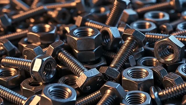 Close-up view of assorted metal nuts and bolts piled together, showcasing their textures and shapes