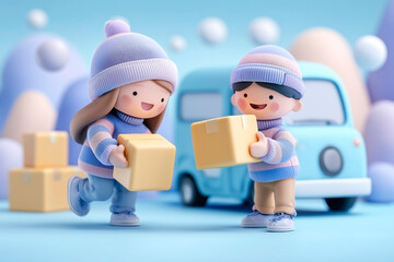 3D Cartoon Kids in Winter Outfits Delivering a Package with Smiles
