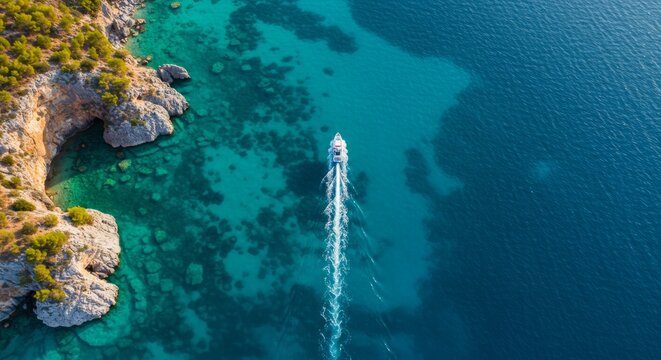 Aerial view of boat sailing in turquoise sea near rocky coastline