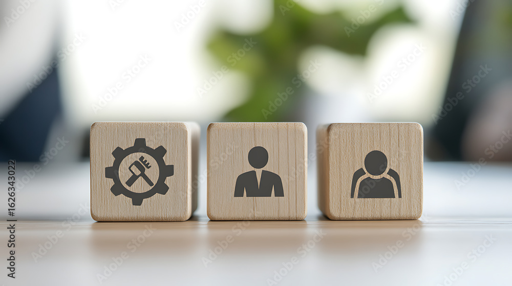 Poster wooden blocks showing process improvement icons. skill development and career progression concept. t