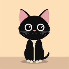Cute black and white cartoon cat sitting on a light colored background looking adorable and playful