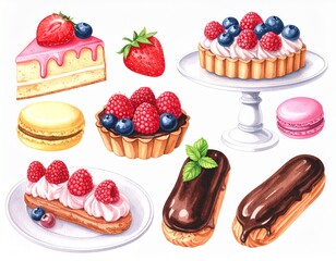 Watercolor set of different desserts: cheesecake, chocolate eclairs, and a tart with berries