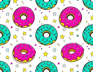 Seamless pattern with colorful cartoon donuts and stars on a white background