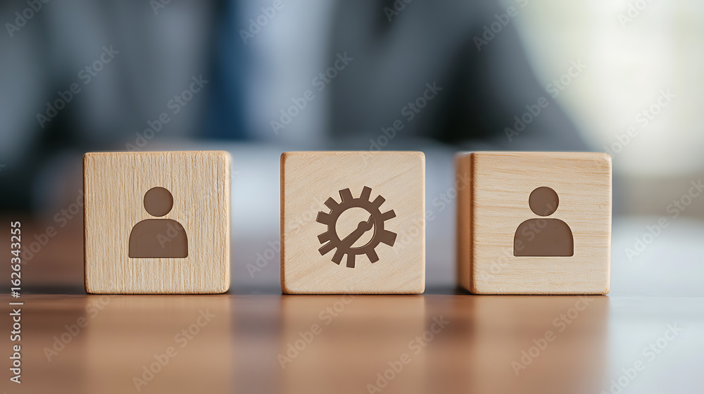 Poster workflow optimization: wooden blocks symbolize streamlined operations and human resources, highlight