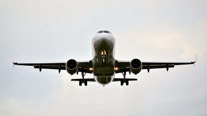 A commercial airplane approaches for landing against a backdrop of a light gray sky, showcasing its sleek design and powerful engines. Generative AI.