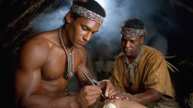 Indigenous polynesian man receiving traditional tattoo